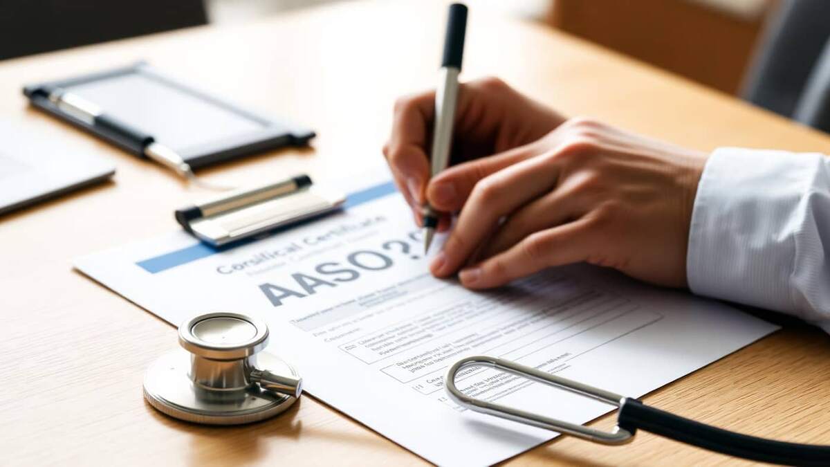 Médico do trabalho assinando um Atestado de Saúde Ocupacional sobre uma mesa de consultório, com estetoscópio ao lado