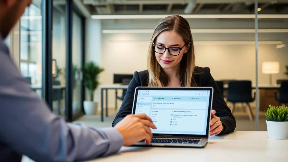 Profissional de RH analisando painel digital com prazos de exames ocupacionais e alertas de vencimento