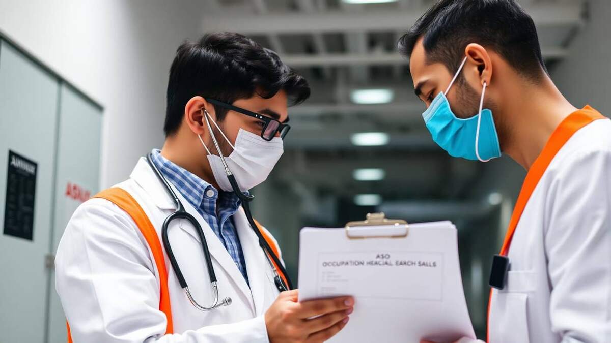 Médico do trabalho com estetoscópio analisando prancheta com Atestado de Saúde Ocupacional ASO ao lado de colaborador com colete de segurança