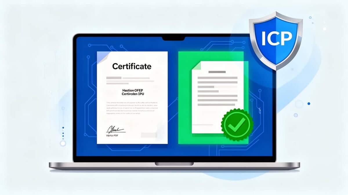 Tela de notebook mostrando um certificado digital ICP-Brasil com selo de validação verde em um documento PDF assinado