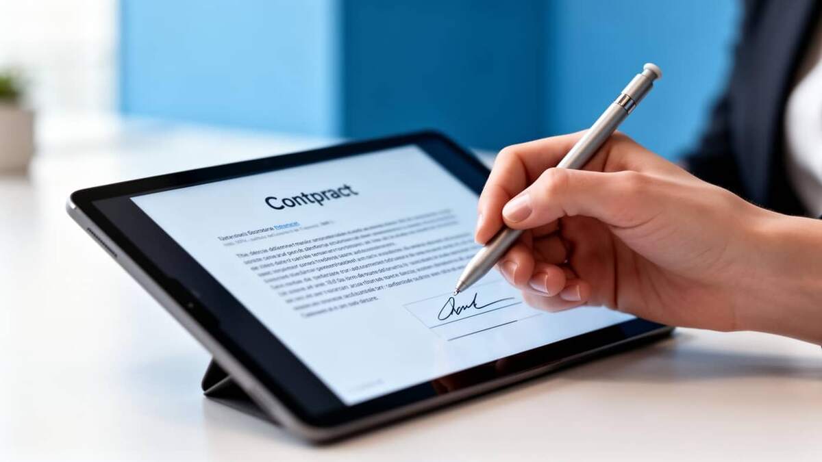 Mão de executiva assinando um contrato digital em um tablet com caneta stylus em um escritório moderno
