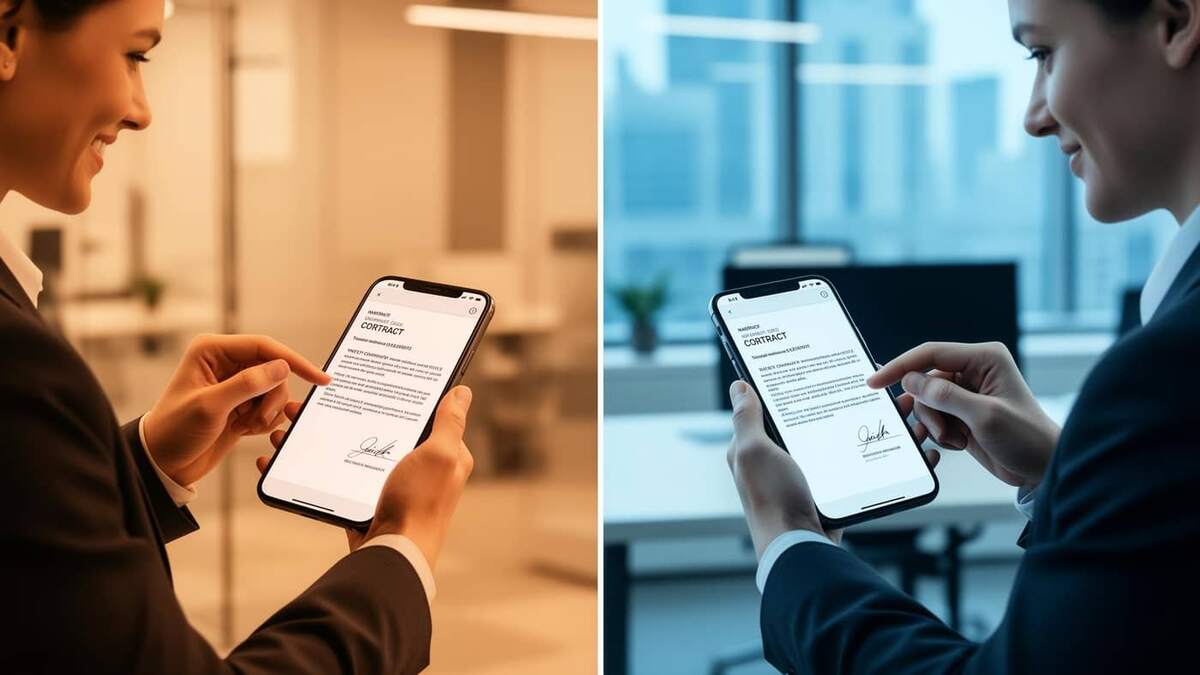 Duas pessoas em escritórios diferentes assinando o mesmo contrato pelo celular ao mesmo tempo