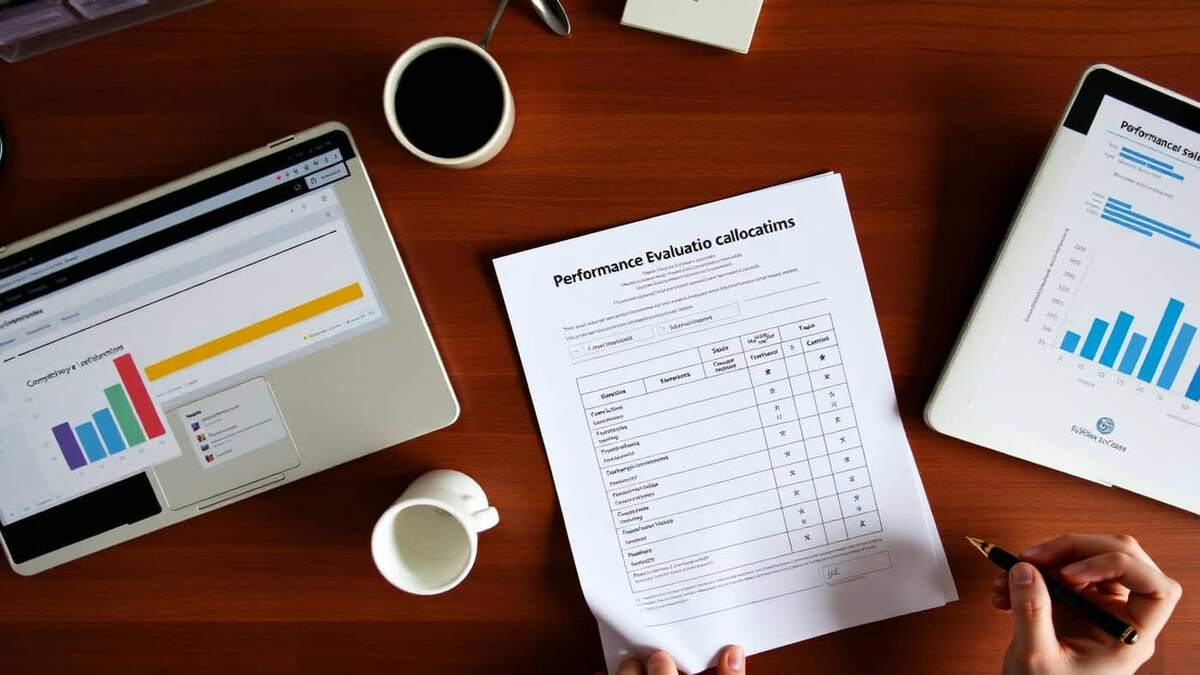 Vista superior de mesa de trabalho com formulário impresso de avaliação de desempenho por competências, notebook exibindo gráficos e caneta de gestor de RH