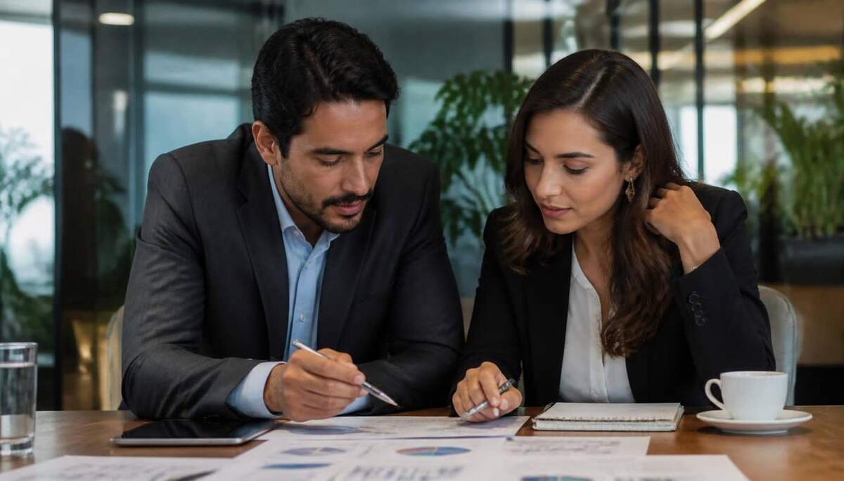 Contador e gestora analisando relatórios financeiros impressos em mesa de reunião de escritório corporativo com luz natural