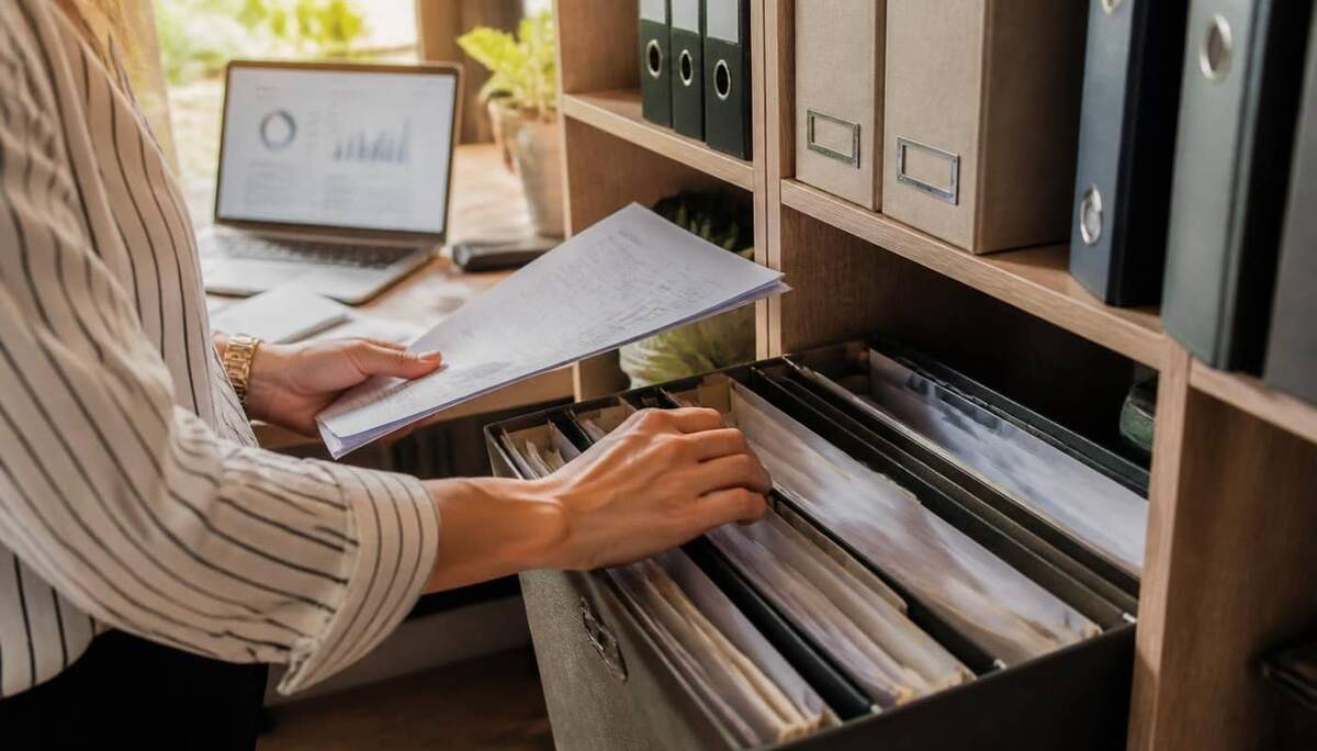 Profissional organizando pastas e documentos financeiros em arquivo de escritório moderno com laptop e luz natural ao fundo