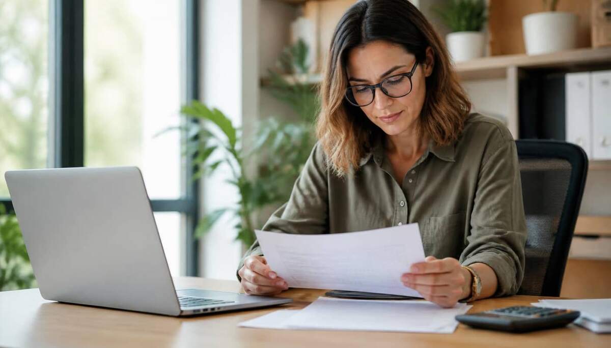Analista de folha de pagamento conferindo espelho de ponto impresso ao lado do notebook e da calculadora, em escritório iluminado por luz natural
