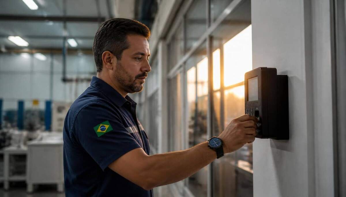 Trabalhador registrando o ponto em relógio eletrônico na entrada da empresa no fim do expediente, em luz natural
