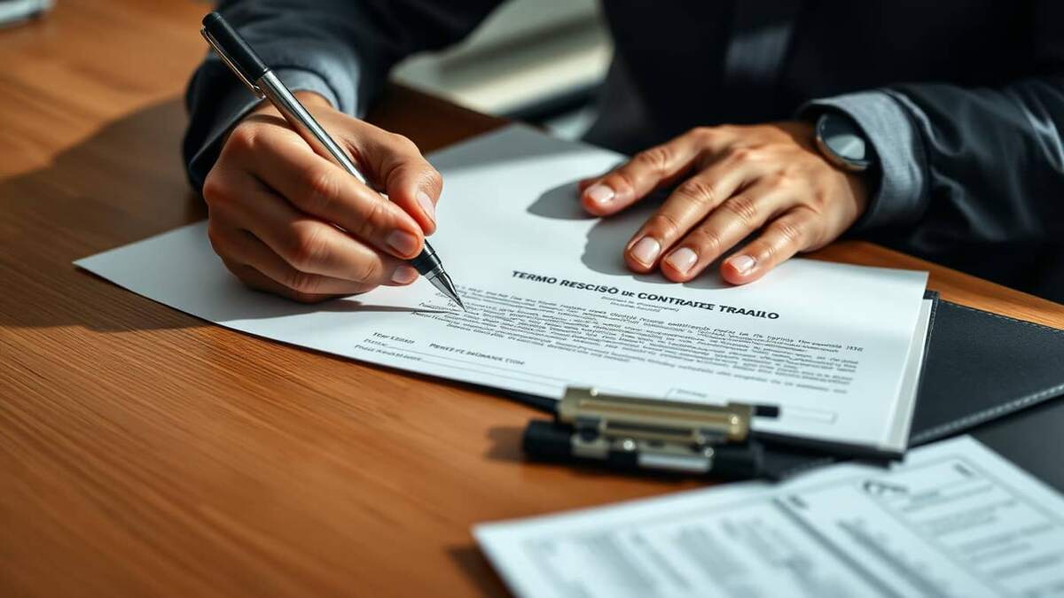 Trabalhador assinando o Termo de Rescisão de Contrato de Trabalho sobre a mesa, com pasta e canetas ao lado