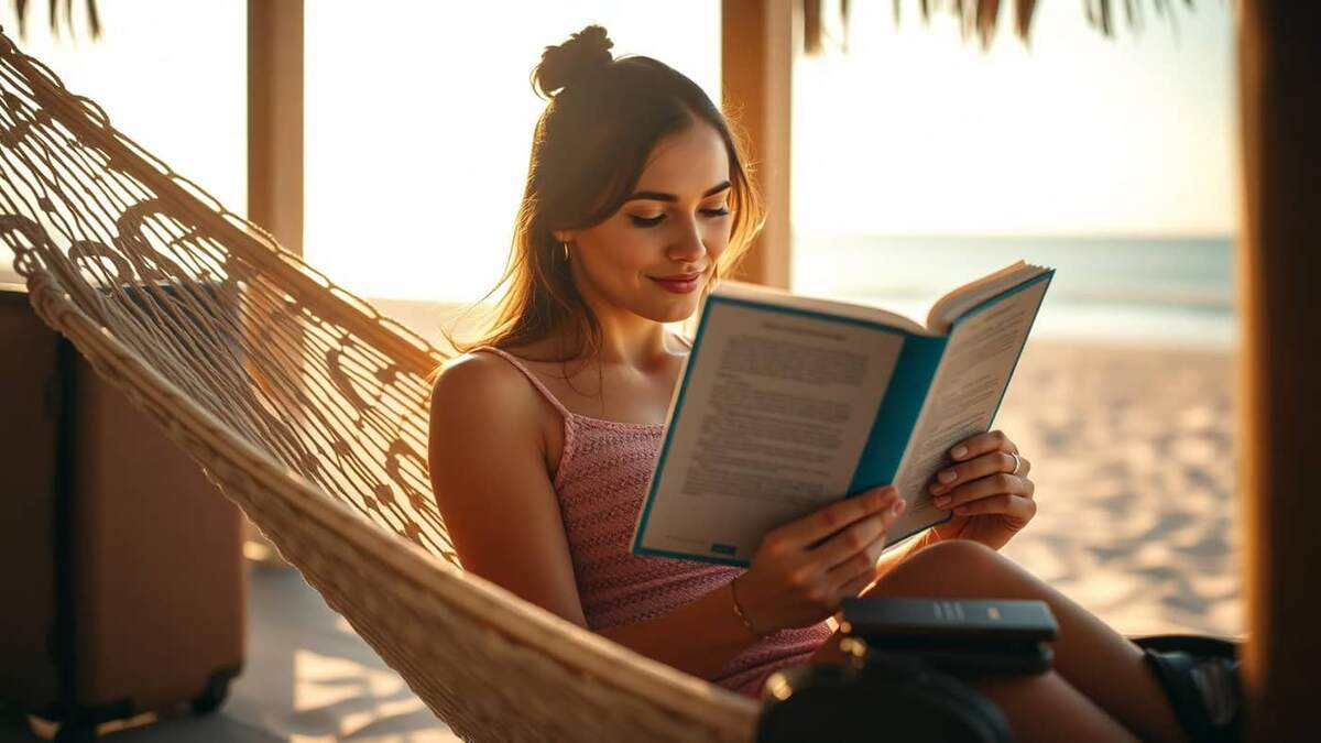 Trabalhadora relaxando em uma rede na praia com livro nas mãos e mala ao lado, em luz natural de fim de tarde