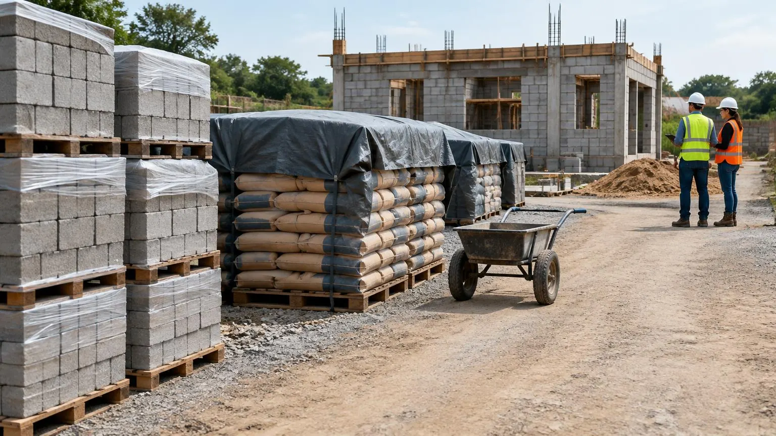 Blocos em paletes e sacos cobertos organizados junto à obra, com espaço livre para transporte