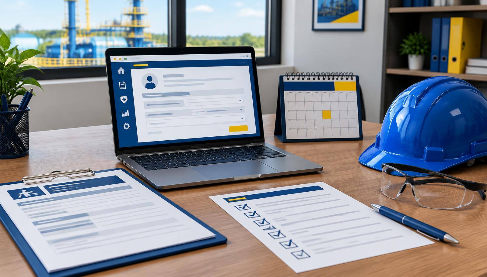 Notebook com formulário eletrônico, calendário e documentos organizados para emissão da CAT