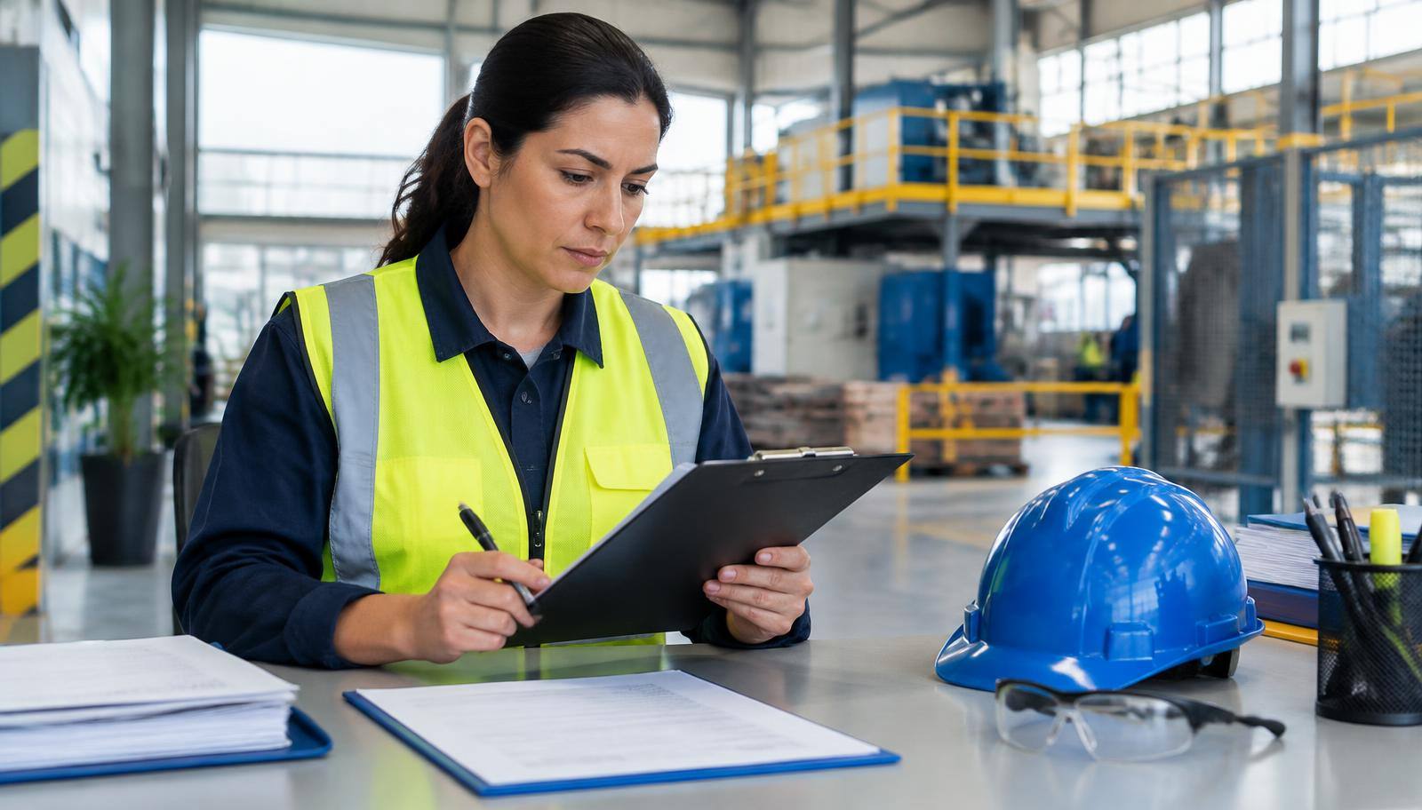 Engenheiro de segurança do trabalho revisando registro de acidente em ambiente industrial