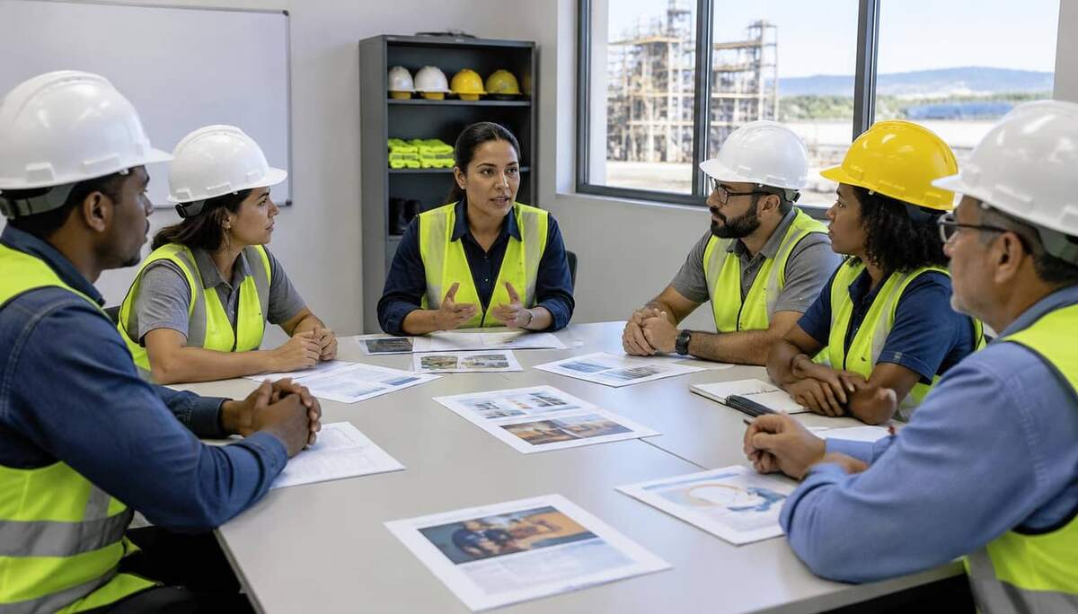 Profissionais de segurança do trabalho reunidos em mesa com documentos da CIPA e capacetes em empresa brasileira