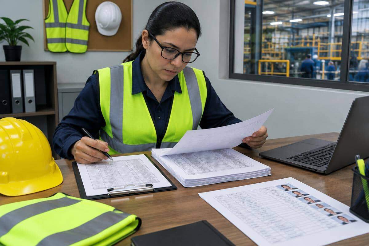 Mesa com documentos de eleição da CIPA, certificados e registros de segurança organizados