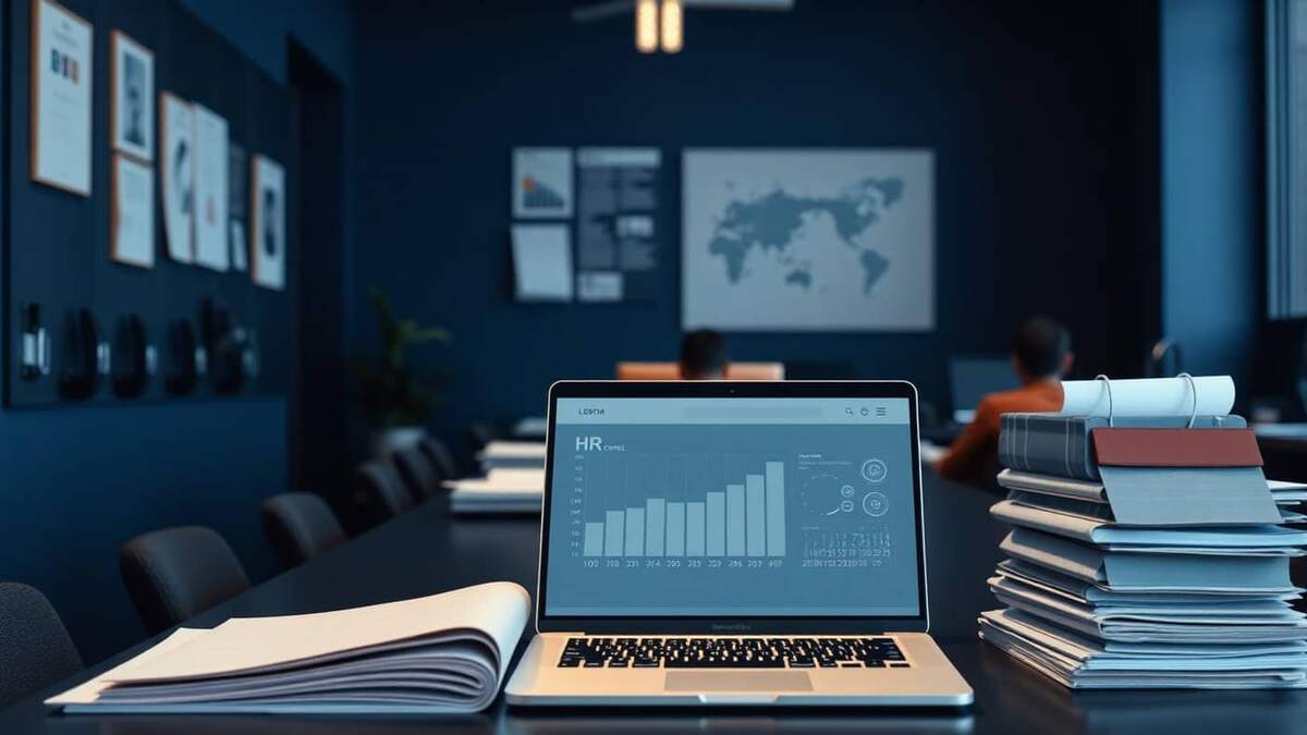 Mesa de RH com notebook, pastas e documentos organizados para gestão de contratos CLT