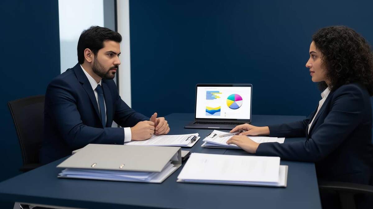 Dois profissionais de RH em escritório moderno revisando documentos trabalhistas e indicadores em notebook, representando a CLT e a carteira assinada