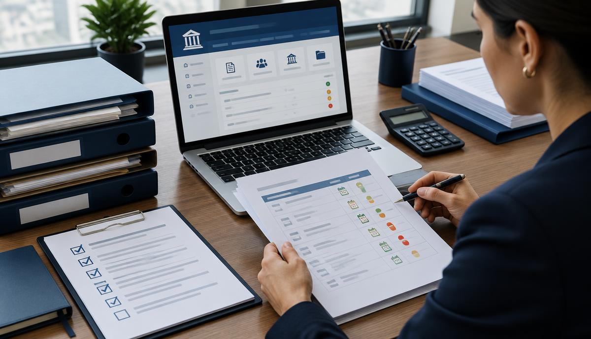 Profissional conferindo certidões e documentos de regularidade trabalhista organizados sobre uma mesa
