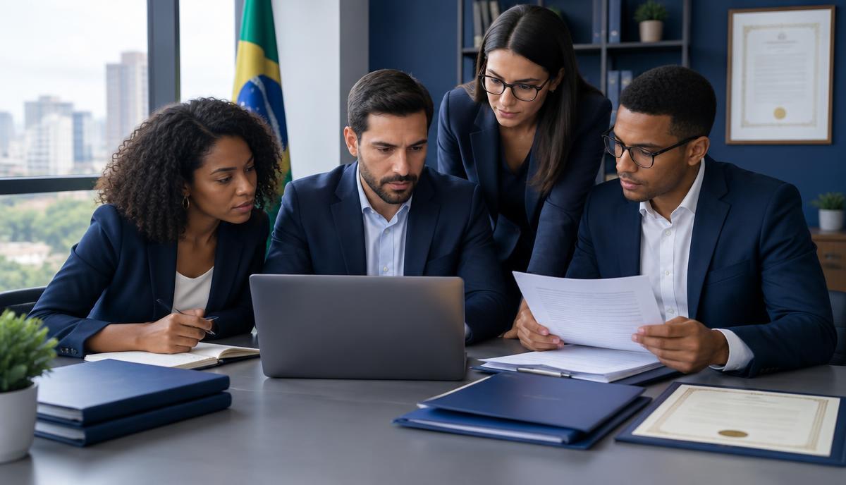 Profissional analisando certidão e documentos de regularidade trabalhista em uma mesa de escritório
