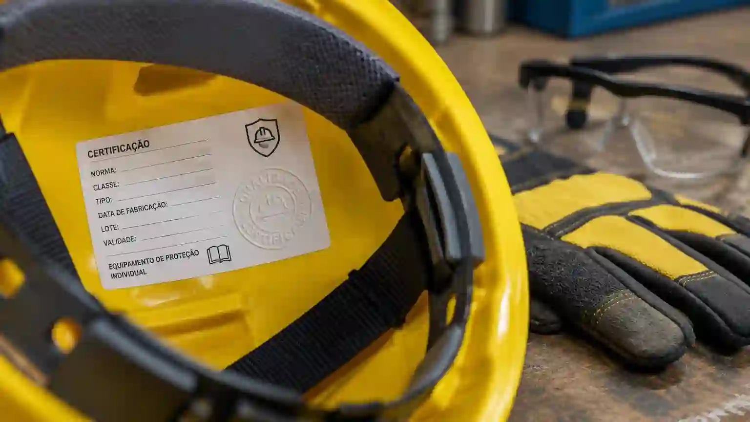Etiqueta de certificação na parte interna de um capacete de segurança amarelo, ao lado de luva e óculos de proteção