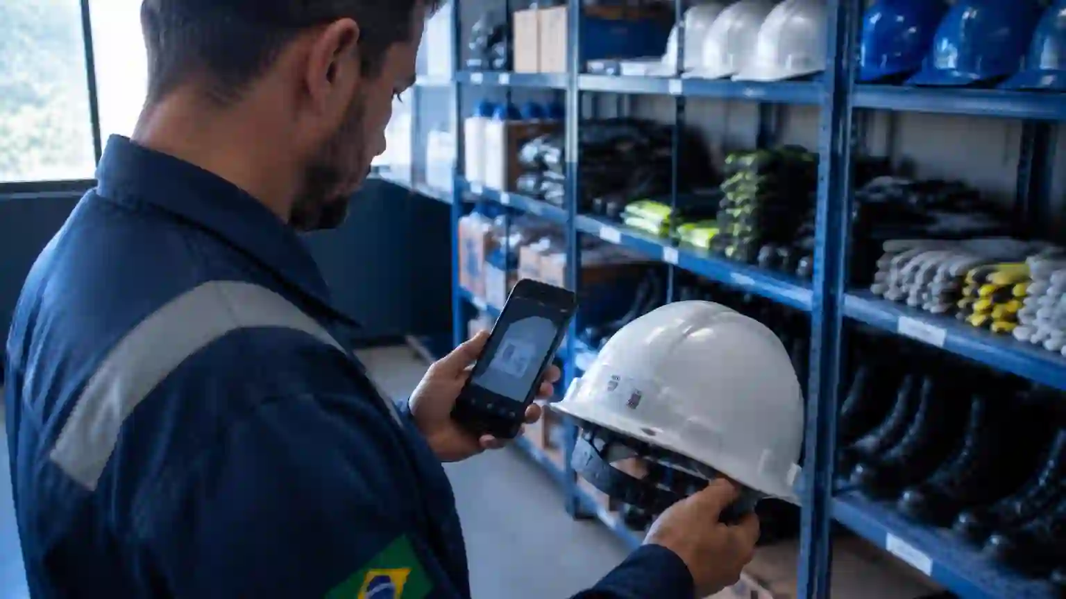 Técnico de segurança conferindo no celular o certificado de aprovação gravado em um capacete, em almoxarifado de EPIs