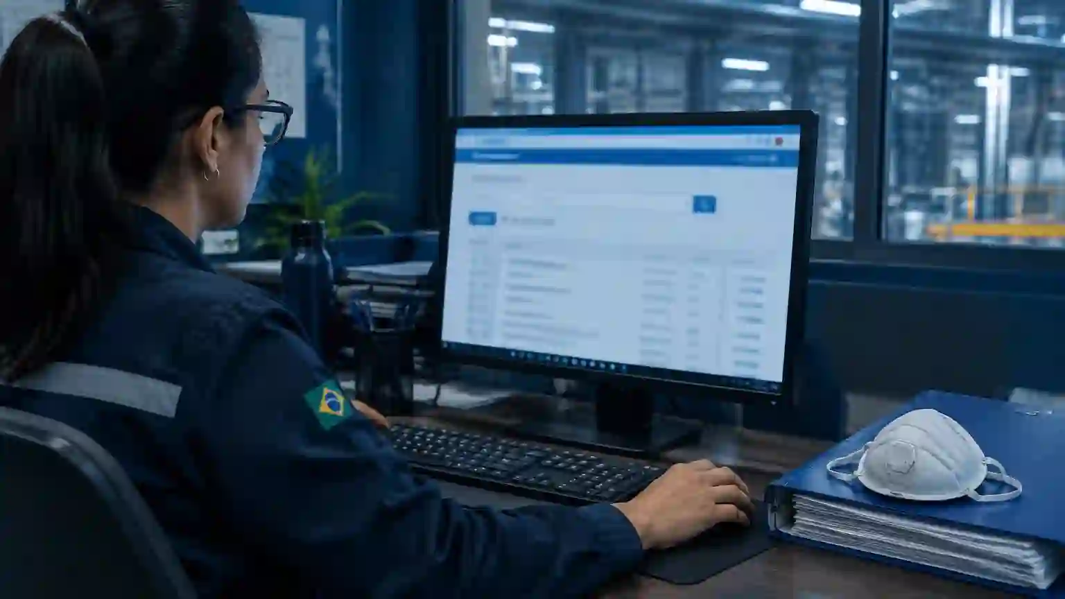 Gestora de segurança do trabalho consultando certificado de aprovação no computador, com pasta de documentos e respirador sobre a mesa