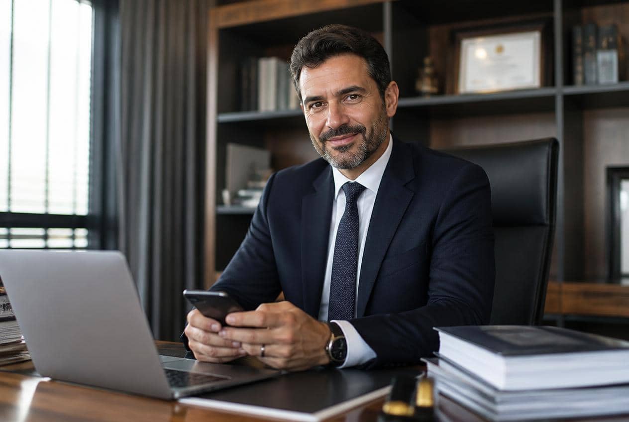 Advogado em seu escritório acompanhando processos pelo celular com o Consultor Jurídico da OpusFlow