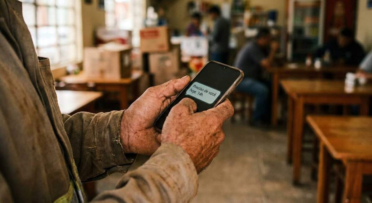 Mão assinando contrato intermitente sobre mesa de madeira com celular ao lado exibindo aplicativo de mensagens