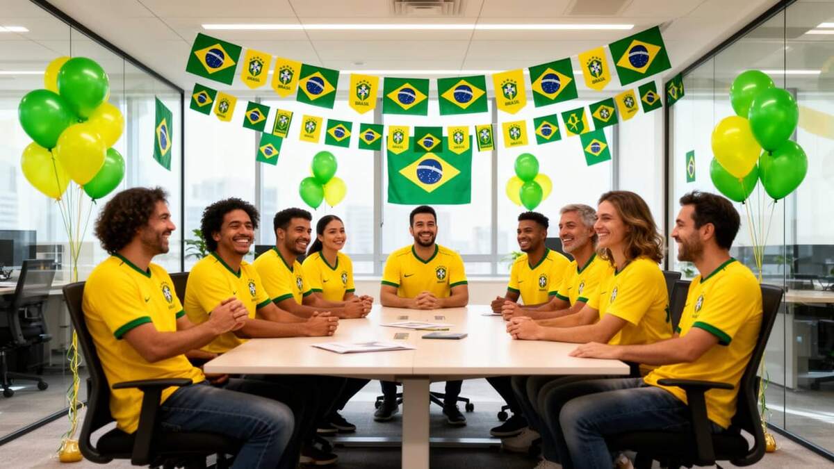 Colaboradores em copa de empresa decorada com bandeiras verde e amarela durante a Copa do Mundo