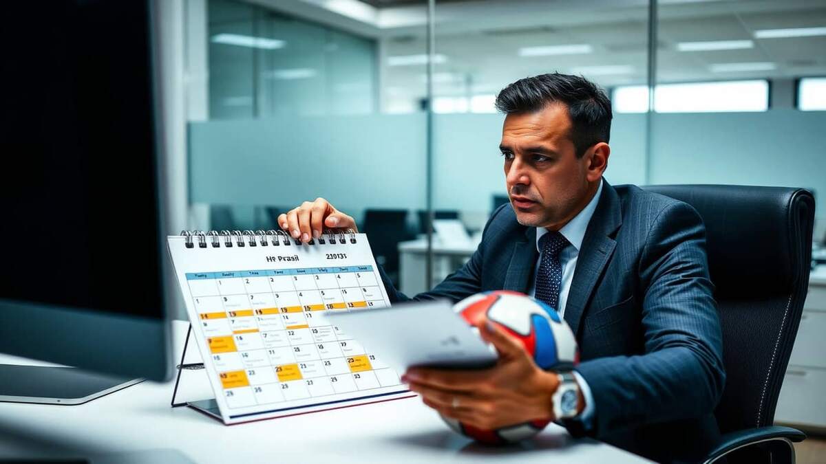 Gestor de RH planejando escala de trabalho com datas dos jogos da Copa do Mundo destacadas no calendário