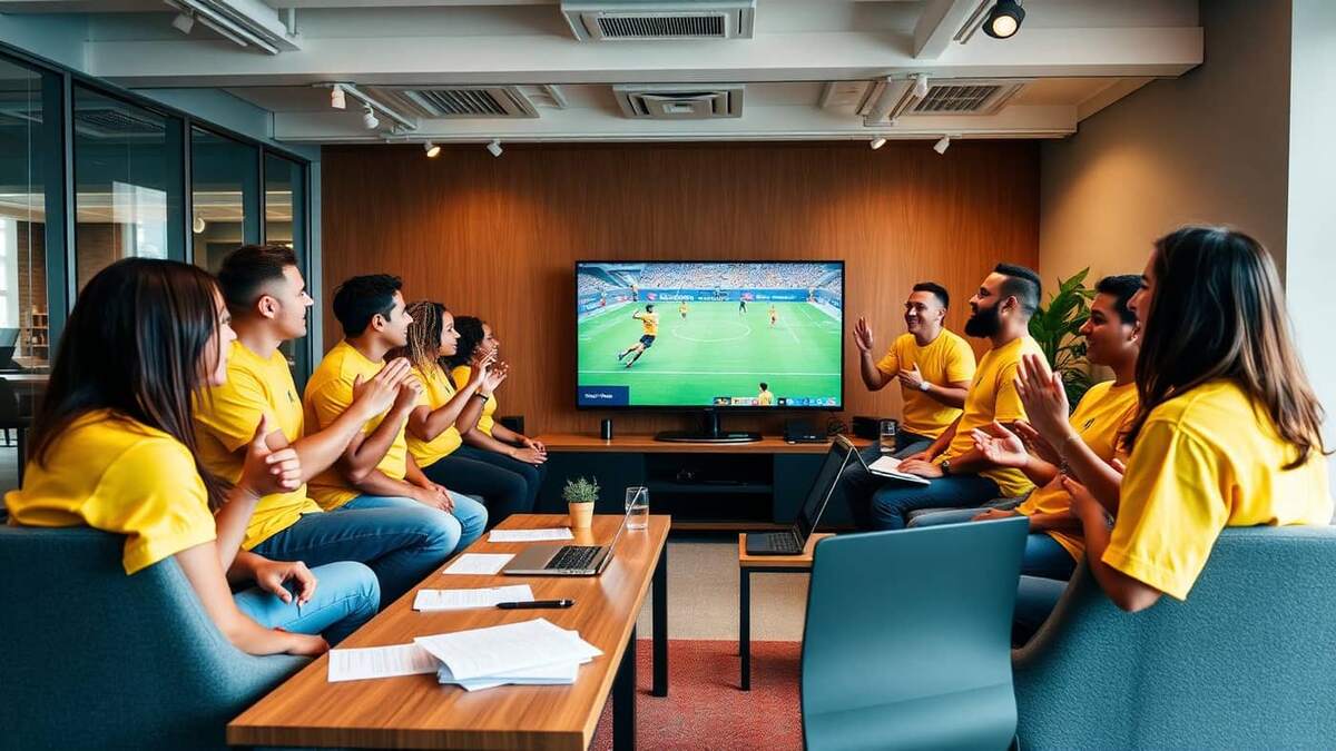 Equipe brasileira de empresa assistindo a um jogo da Copa do Mundo na sala de descanso