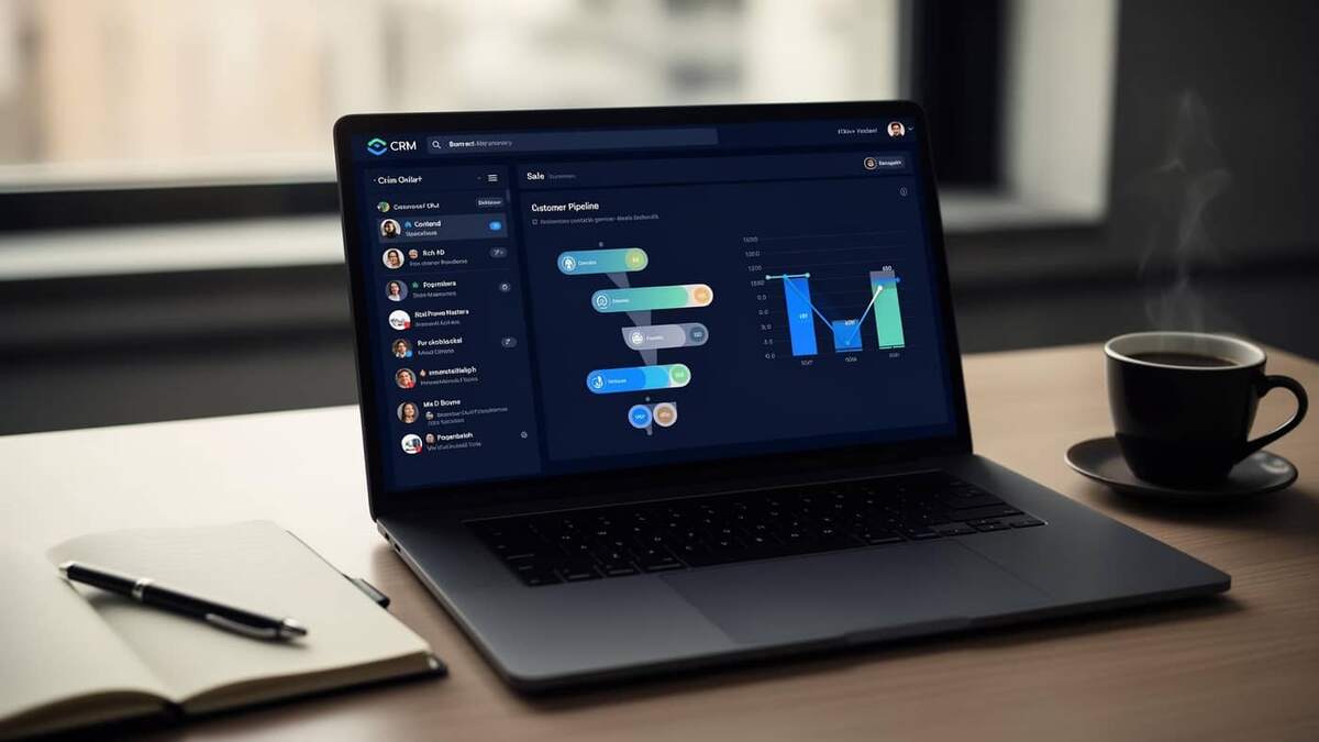 Notebook em mesa de escritório mostrando um dashboard de CRM com funil de vendas e gráficos de pipeline