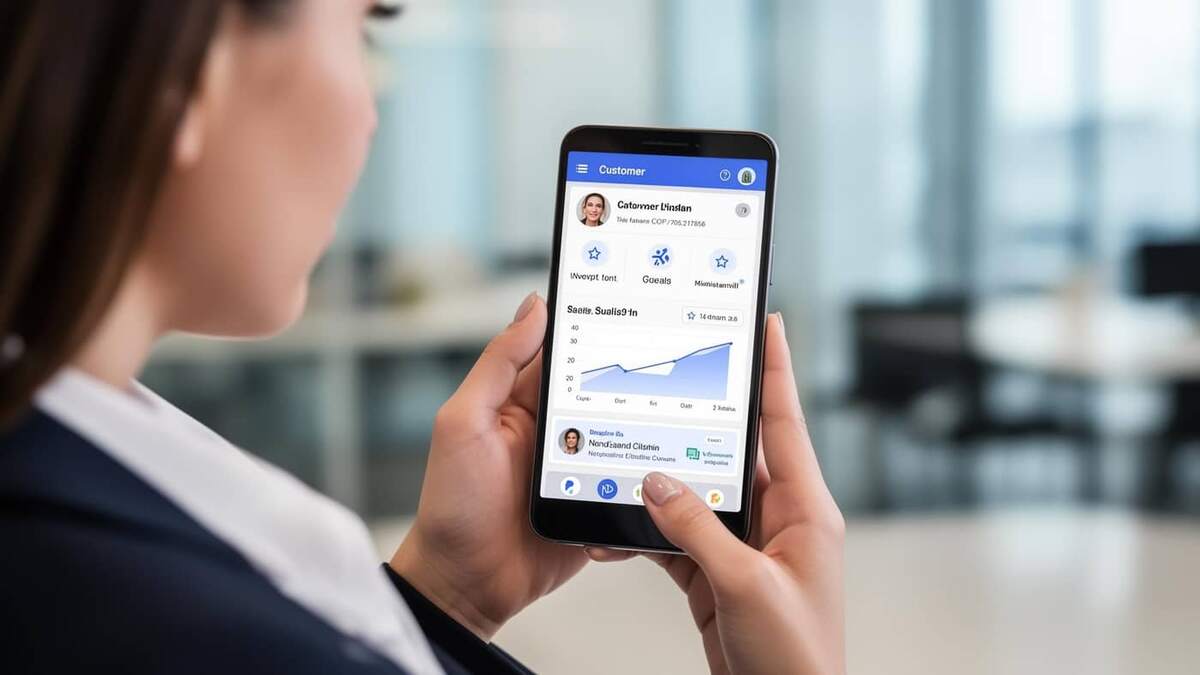 Vendedora consultando a ficha de um cliente no aplicativo de CRM pelo celular, com gráfico de vendas e contatos visíveis