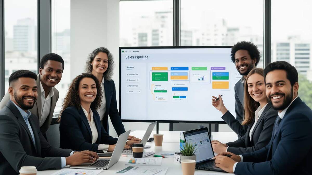 Equipe comercial em reunião analisando o funil de vendas em um CRM, com kanban de oportunidades projetado em uma TV