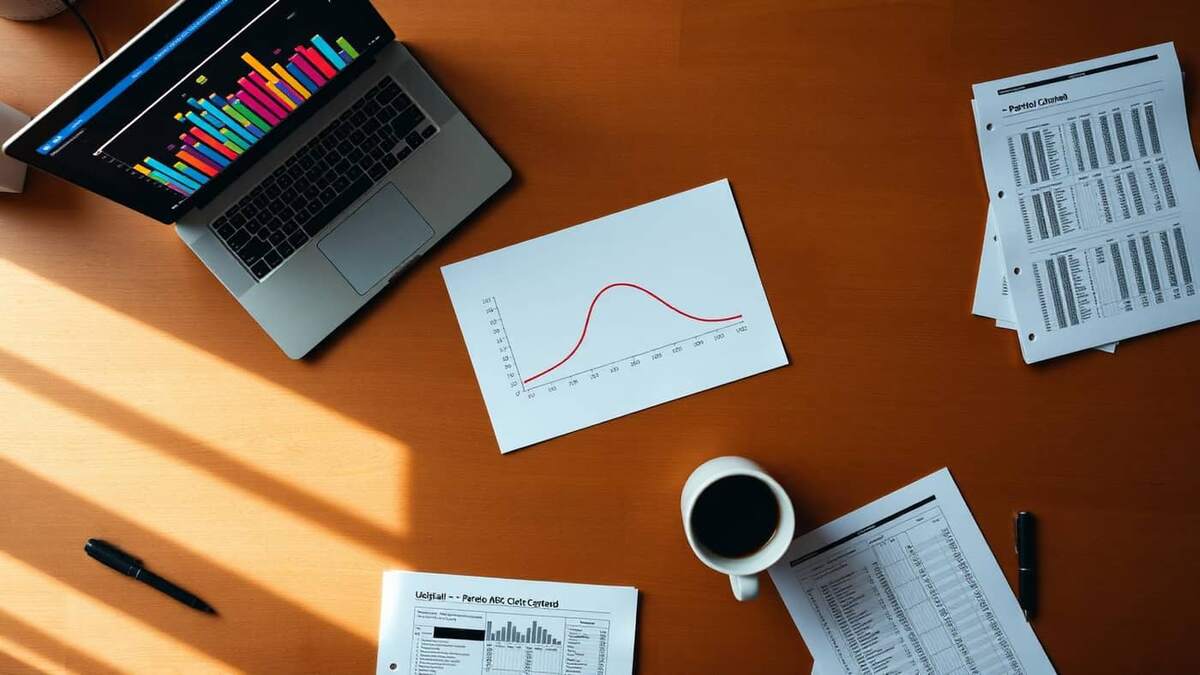 Vista superior de mesa com laptop exibindo gráfico de barras, papel com curva de Pareto impressa, xícara de café e planilhas de análise de produtos