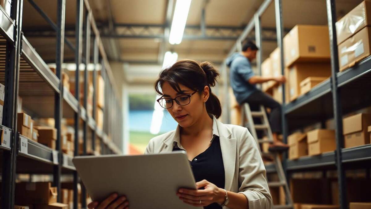 Analista de compras brasileira revisando lista de produtos em notebook dentro de estoque de médio porte com colaborador ao fundo
