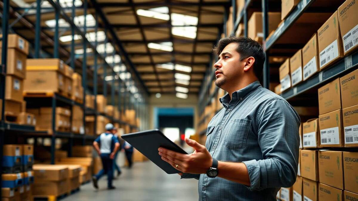 Gestor de logística brasileiro em armazém de distribuição analisando estoque em tablet com prateleiras industriais ao fundo