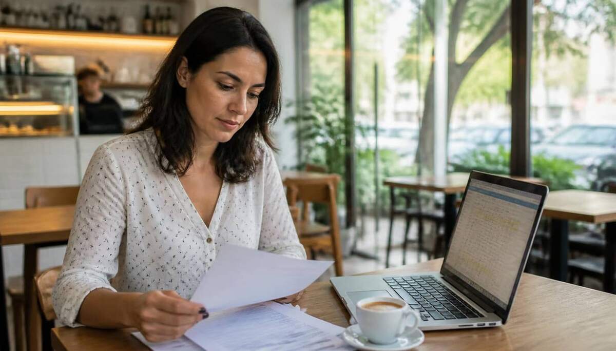 Empreendedora conferindo notas fiscais impressas ao lado do notebook em uma cafeteria com luz natural