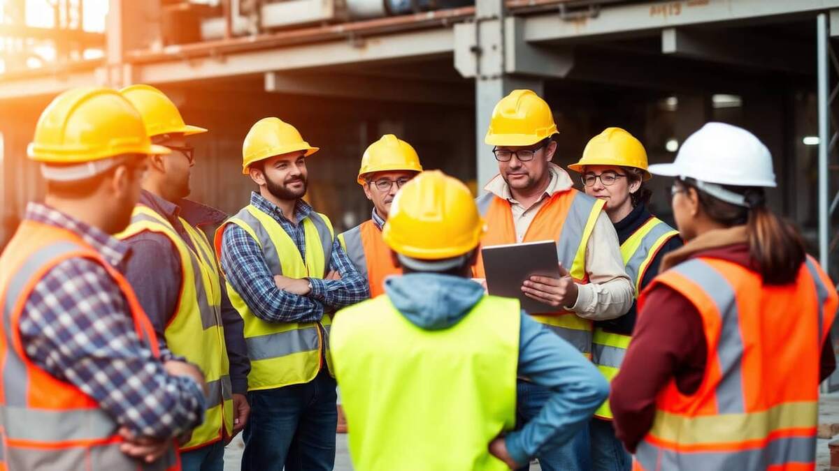 Equipe de operadores com capacete e colete de segurança em roda durante um Diálogo Diário de Segurança (DDS) em obra
