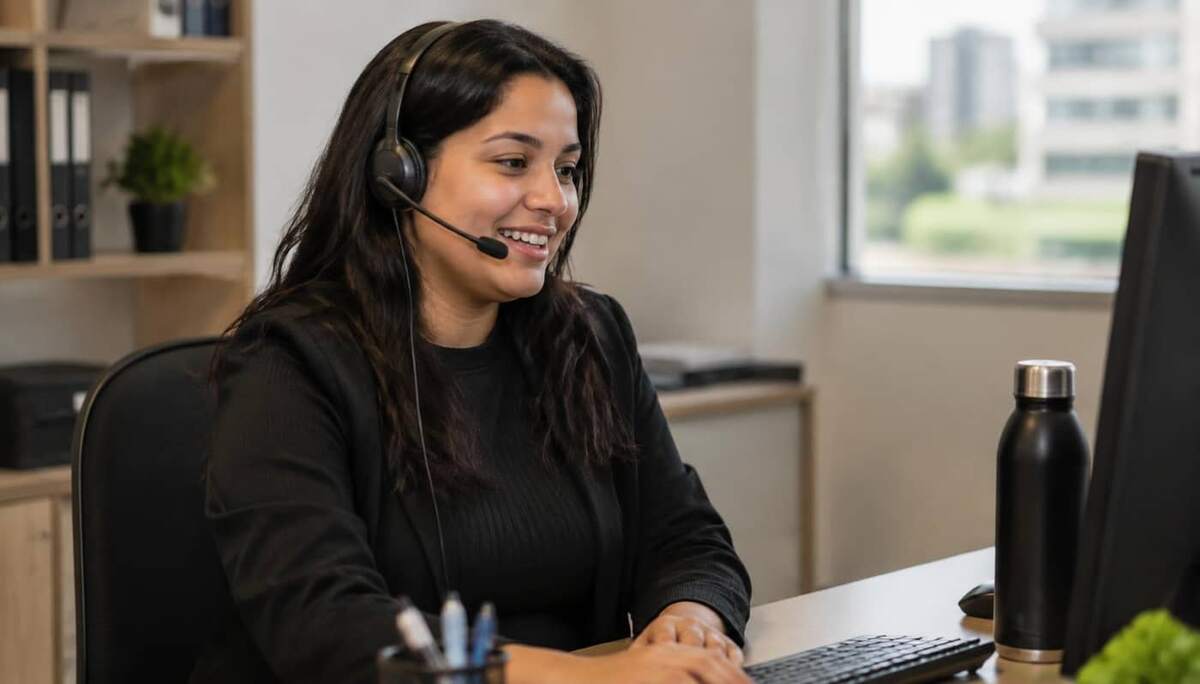 Atendente brasileira com headset conversando com cliente por telefone em mesa organizada de escritório durante a semana do Dia do Cliente