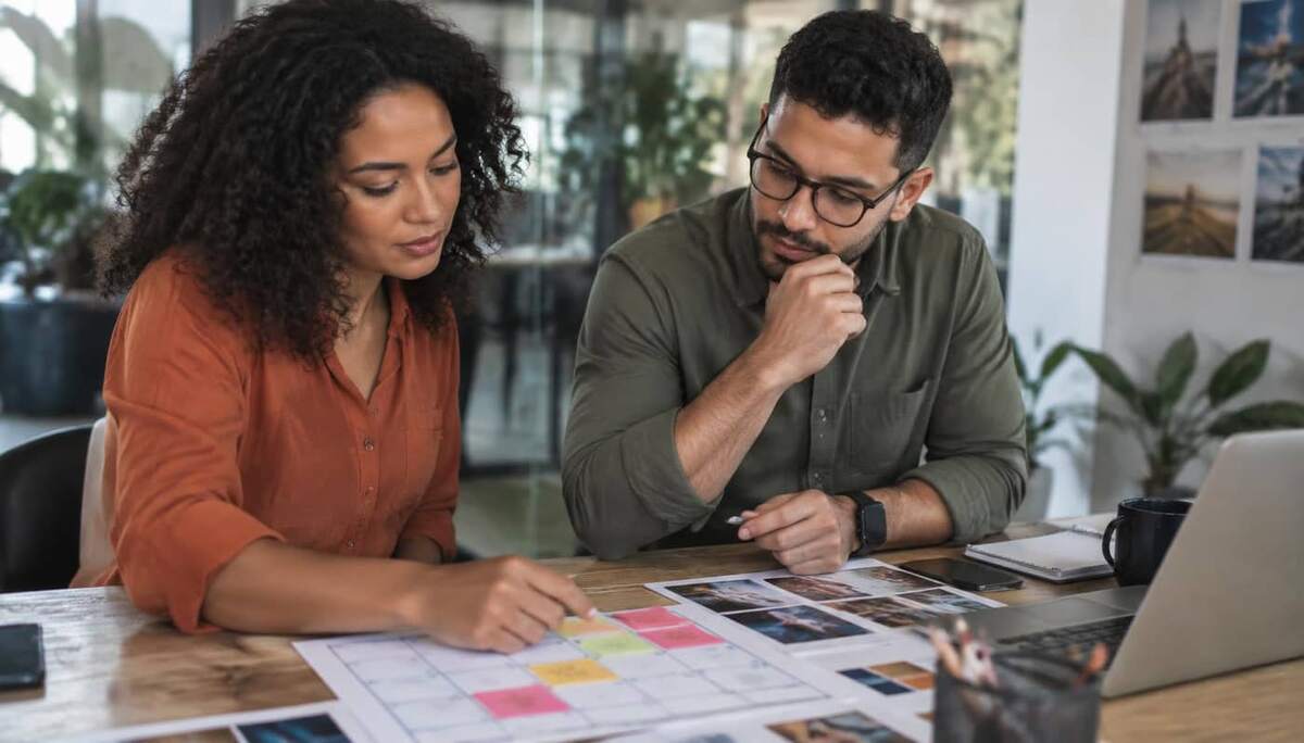 Dupla de profissionais de marketing brasileiros planejando campanha do Dia do Cliente com calendário impresso e anotações coloridas sobre a mesa