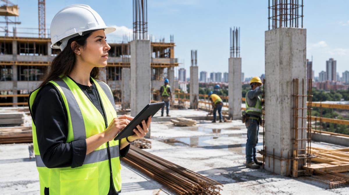 Engenheira com capacete e colete registrando o andamento de uma obra de concreto em um tablet