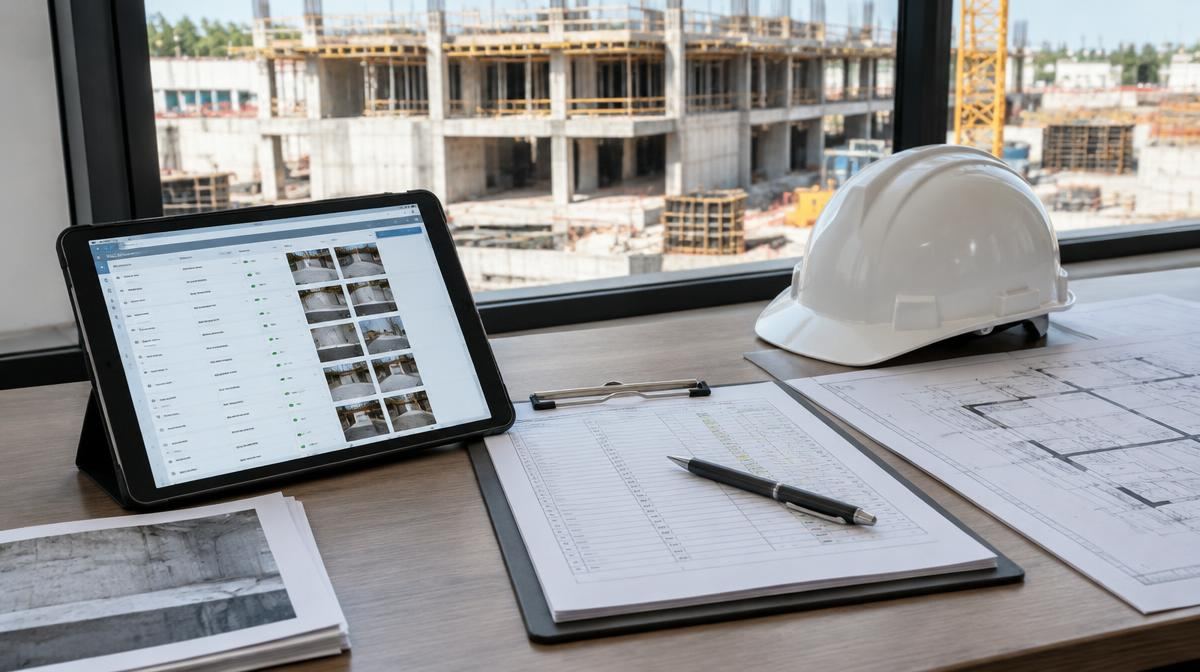 Tablet, prancheta e planta técnica em mesa de canteiro para organizar registros diários da obra
