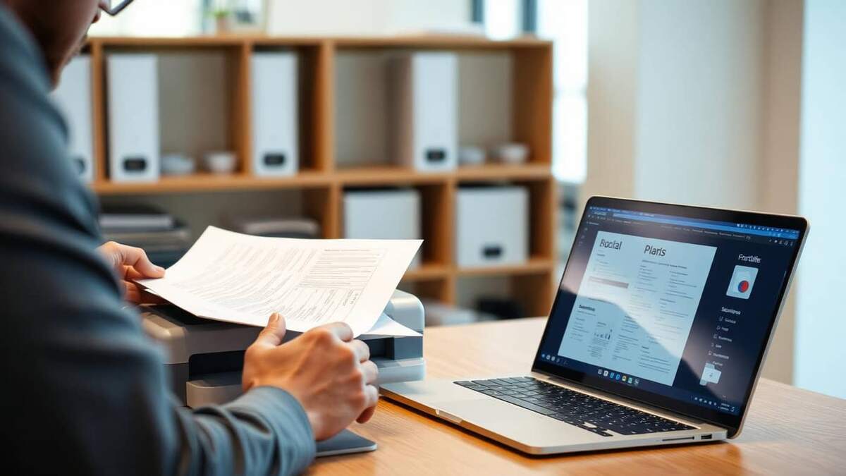 Profissional digitalizando documentos em papel com scanner ao lado de um notebook em escritório moderno