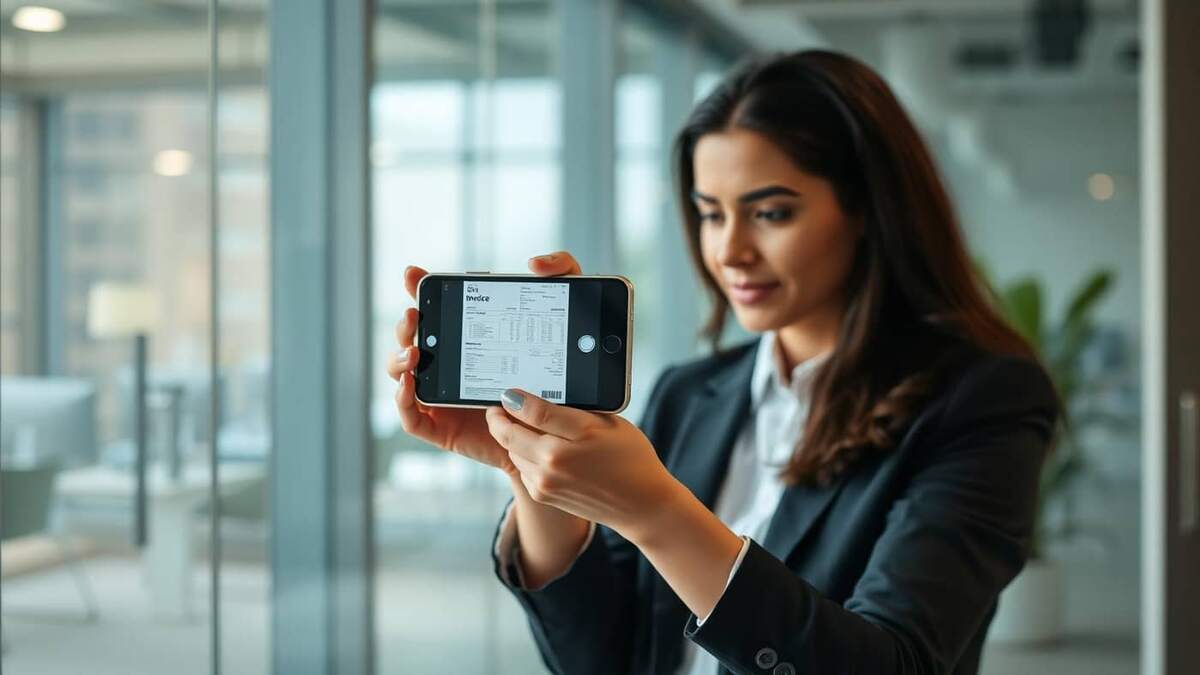 Profissional fotografando uma nota fiscal com o celular para digitalizar e enviar para o sistema de gestão