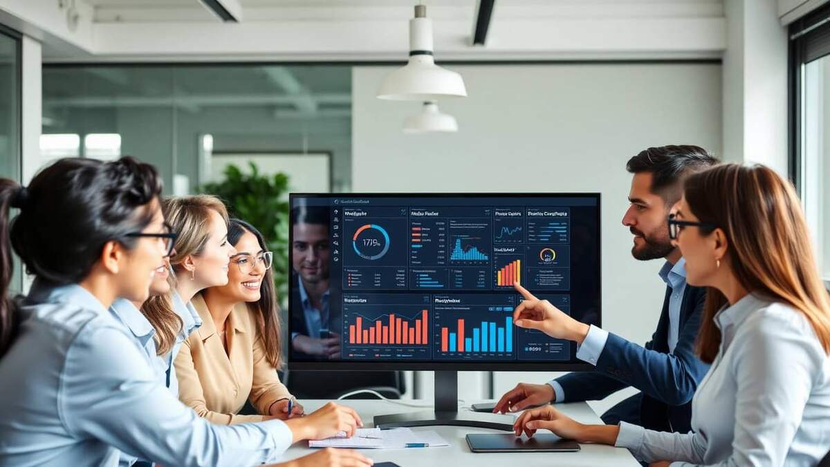Equipe analisando indicadores de gestão em sistema ERP corporativo