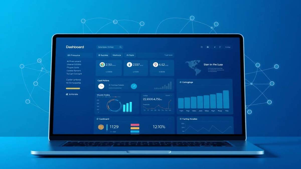 Dashboard de um sistema ERP em notebook mostrando módulos integrados de gestão empresarial