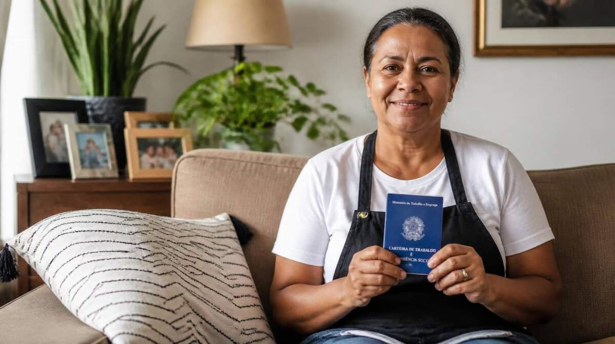 Trabalhadora doméstica brasileira em sala residencial segurando Carteira de Trabalho azul do Ministério do Trabalho