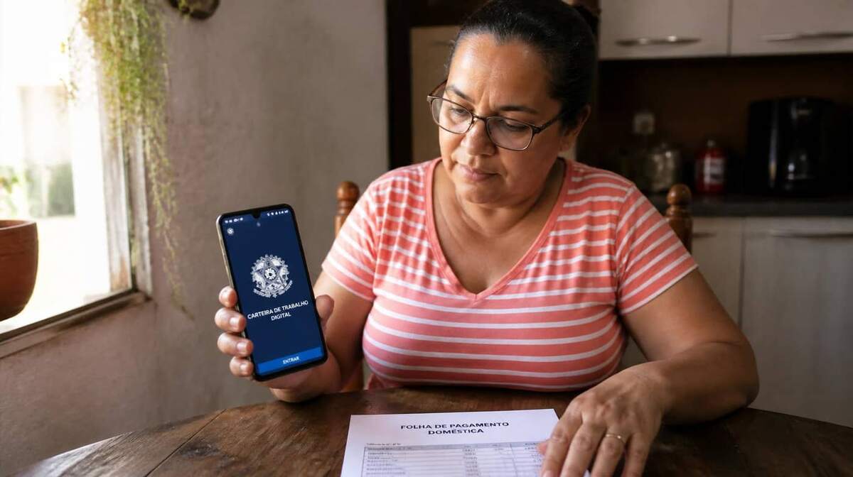 Empregadora doméstica brasileira em sua cozinha revisando aplicativo da Carteira de Trabalho Digital ao lado de folha de pagamento impressa