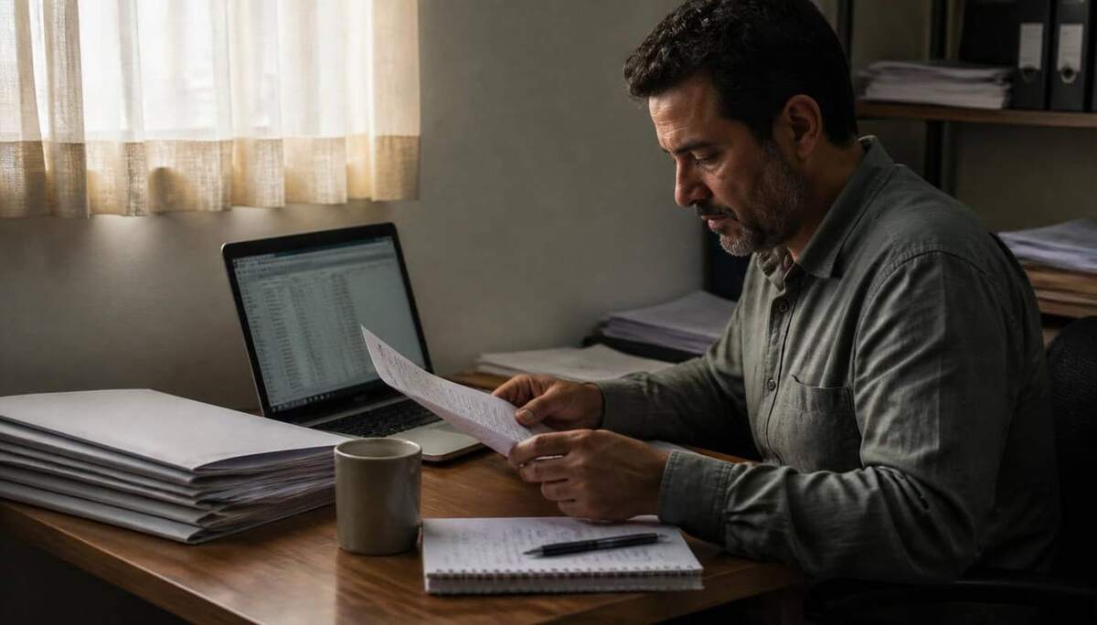 Empresário brasileiro em escritório revisando em notebook portal governamental de folha e obrigações trabalhistas ao lado de documentos impressos