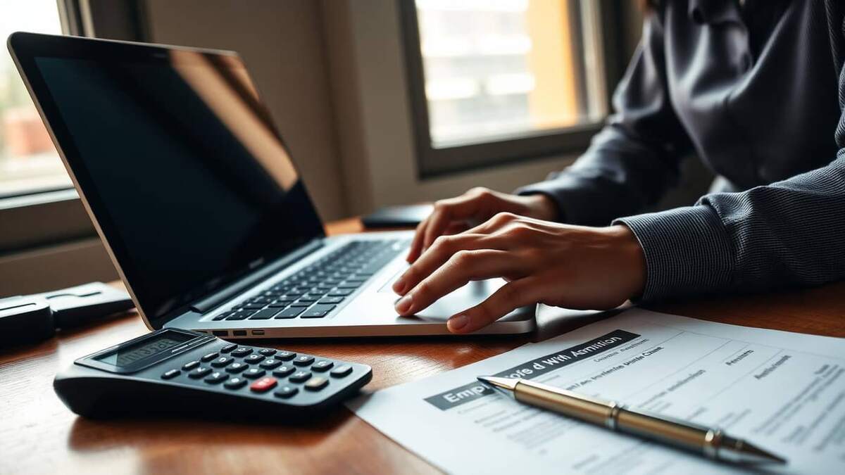 Mãos de analista de departamento pessoal digitando em laptop ao lado de calculadora e formulário de admissão sobre mesa de madeira